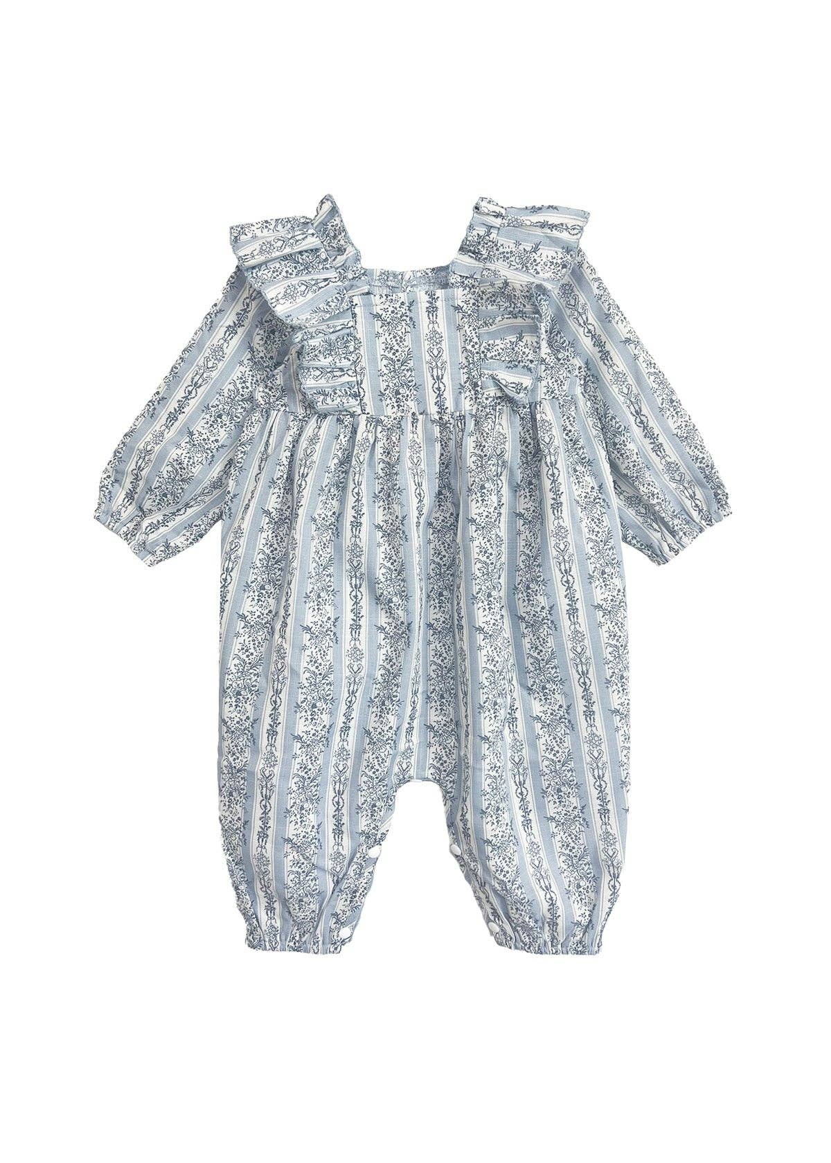 Georgina Romper-Blue,Bow Headband,Children & Tween,Children & Tweens,children's,clothing,Floral,Infant to 6,Jumpsuits & Rompers,Long Sleeve,mabel + honey,Rompers,Ruffle Detail,Striped,White-[option4]-[option5]-[option6]-Bella Bliss Boutique in Texas