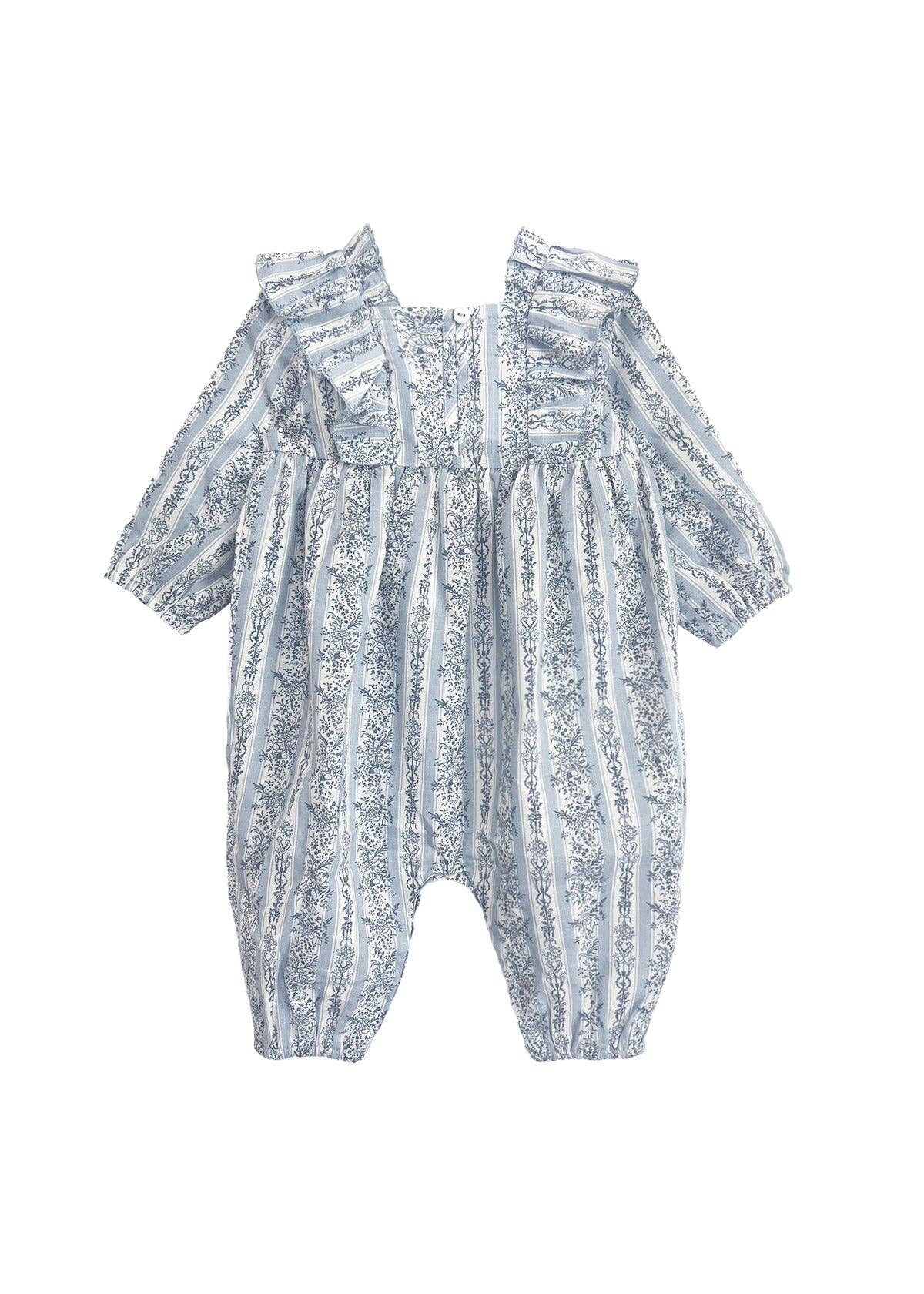 Georgina Romper-Blue,Bow Headband,Children & Tween,Children & Tweens,children's,clothing,Floral,Infant to 6,Jumpsuits & Rompers,Long Sleeve,mabel + honey,Rompers,Ruffle Detail,Striped,White-[option4]-[option5]-[option6]-Bella Bliss Boutique in Texas