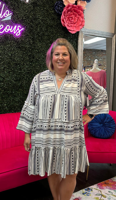 Giovanna Mini Dress-Black,clothing,Curvy,dress,dresses,geometric,Hot Pink,Mini Dress,Peasant Yoke,Periwinkle,Ruffle Sleeve,Sale,Tiered Hem-[option4]-[option5]-[option6]-Bella Bliss Boutique in Texas