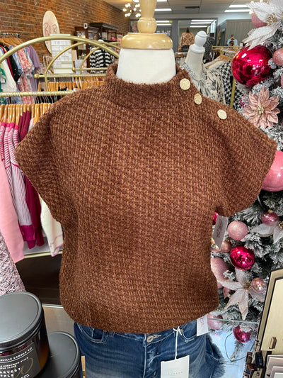 Golden Hour Tweed Top-Button Detail,clothing,Mock Neck,Short Sleeve,Sparkle,THML,Top,Tops,Tweed,Tweed Top,Women,women's-[option4]-[option5]-[option6]-Bella Bliss Boutique in Texas