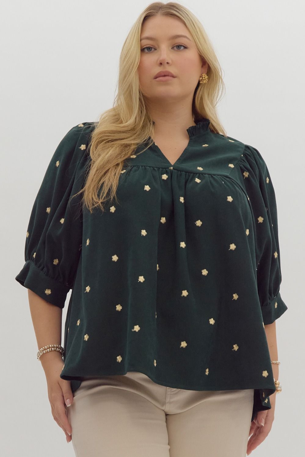 Green Floral Embroidered Top-clothing, Curvy, embroidered, Embroidered Detail, green, Half Sleeve, Ruffle Detail, Ruffle Detail Neckline, Ruffle Neck, Top, Tops, V-Neck-XL-[option4]-[option5]-[option6]-Bella Bliss Boutique in Texas