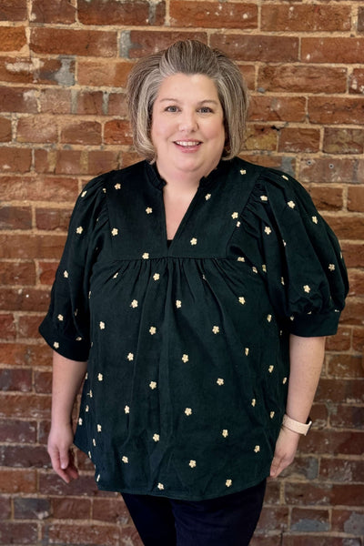 Green Floral Embroidered Top-clothing,Curvy,embroidered,Embroidered Detail,green,Half Sleeve,Ruffle Detail,Ruffle Detail Neckline,Ruffle Neck,Top,Tops,V-Neck-[option4]-[option5]-[option6]-Bella Bliss Boutique in Texas