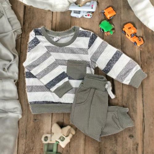 Grey Stripe Pants Set-Bottoms, Children & Tweens, children's, clothing, Elastic Waist, Grey, Infant to 6, Outfit, stripe, Tie Waist, Top, Tops-0/6M-[option4]-[option5]-[option6]-Bella Bliss Boutique in Texas