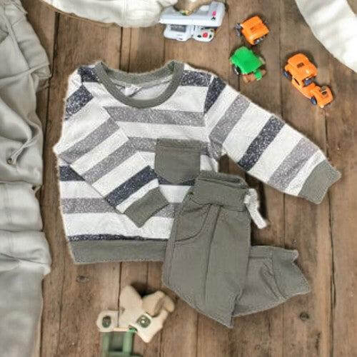 Grey Stripe Pants Set-Bottoms,Children & Tweens,children's,clothing,Elastic Waist,Grey,Infant to 6,Outfit,stripe,Tie Waist,Top,Tops-[option4]-[option5]-[option6]-Bella Bliss Boutique in Texas