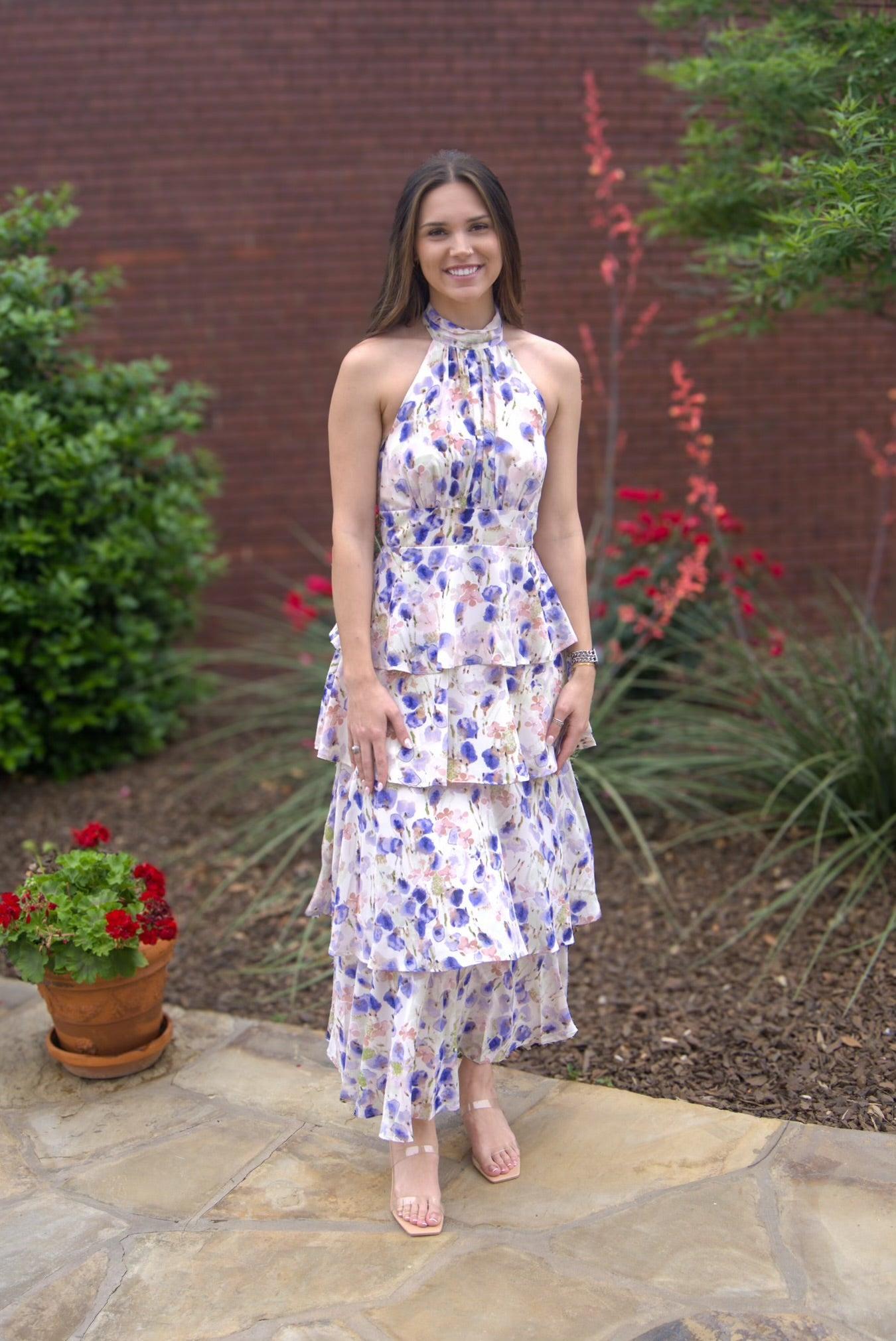 Halter Neck Tiered Maxi Dress-Blue,clothing,dress,dresses,Halter,Halter Dress,Halter Neck,Maxi Dress,Sleeveless,Tiered,Tiered Dress,Women,women's-[option4]-[option5]-[option6]-Bella Bliss Boutique in Texas