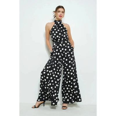 Halter Neck Wide Leg Jumpsuit-Black/Ivory,clothing,Fitted Bodice,Halter,Halter Neck,jumpsuit,Jumpsuits & Rompers,polka dot,Polka Dots,Sleeveless,Wide Leg,women's-S-[option4]-[option5]-[option6]-Bella Bliss Boutique in Texas