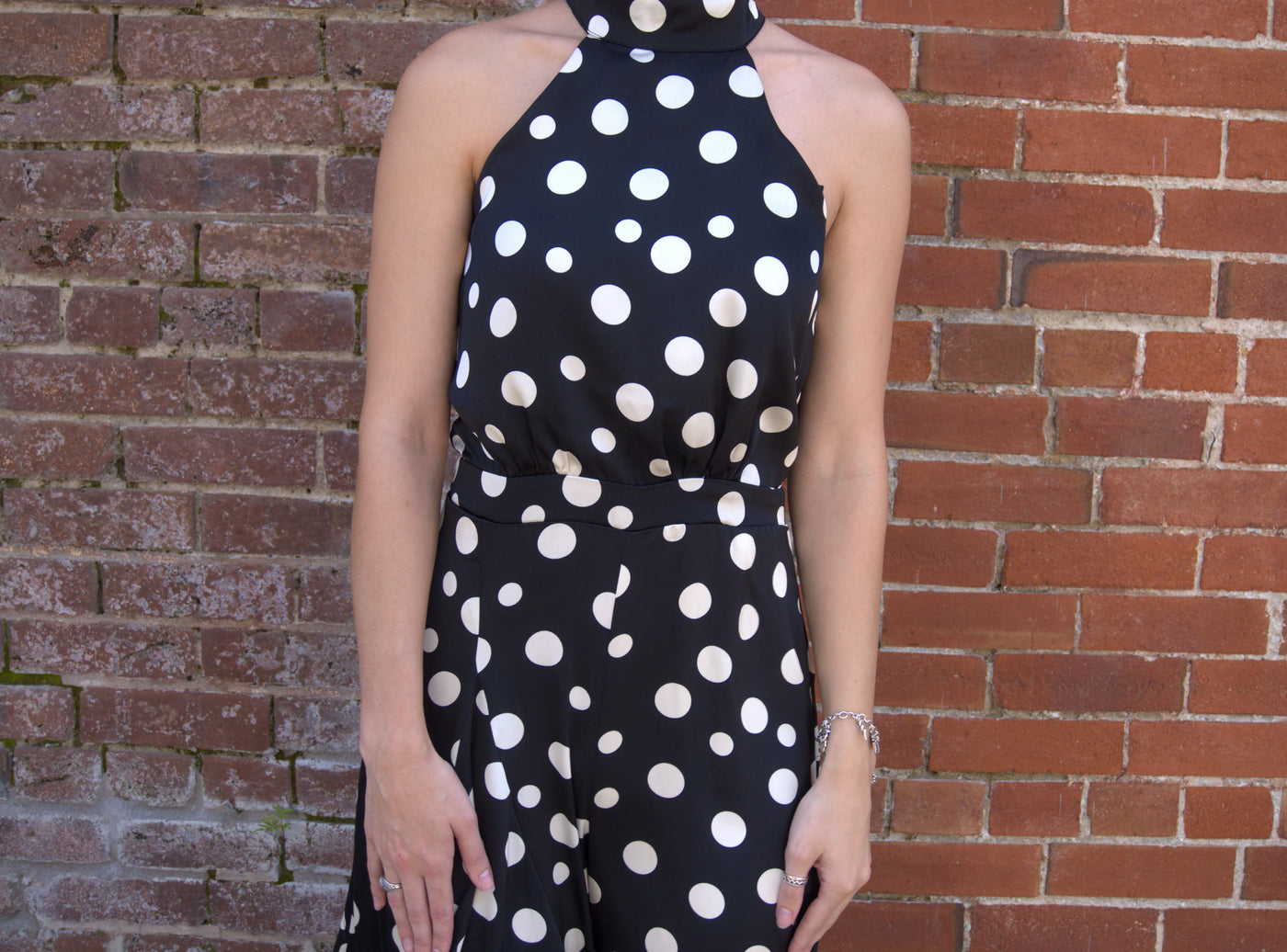 Halter Neck Wide Leg Jumpsuit-Black/Ivory,clothing,Fitted Bodice,Halter,Halter Neck,jumpsuit,Jumpsuits & Rompers,polka dot,Polka Dots,Sleeveless,Wide Leg,women's-[option4]-[option5]-[option6]-Bella Bliss Boutique in Texas