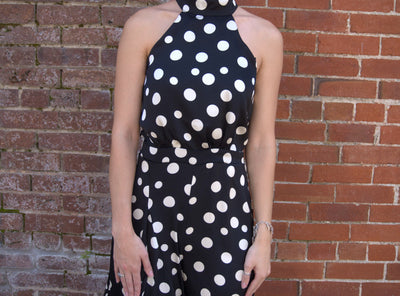 Halter Neck Wide Leg Jumpsuit-Black/Ivory,clothing,Fitted Bodice,Halter,Halter Neck,jumpsuit,Jumpsuits & Rompers,polka dot,Polka Dots,Sleeveless,Wide Leg,women's-[option4]-[option5]-[option6]-Bella Bliss Boutique in Texas