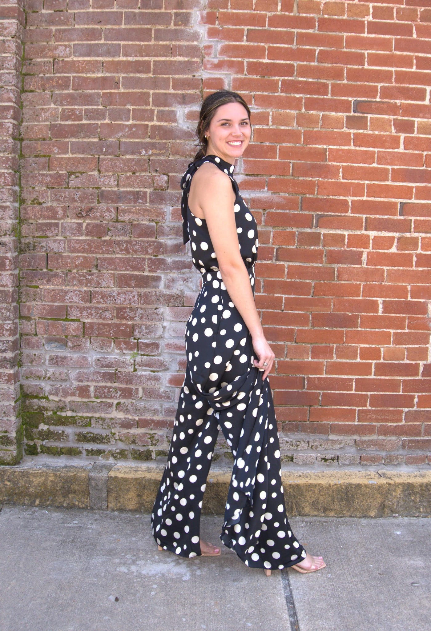 Halter Neck Wide Leg Jumpsuit-Black/Ivory,clothing,Fitted Bodice,Halter,Halter Neck,jumpsuit,Jumpsuits & Rompers,polka dot,Polka Dots,Sleeveless,Wide Leg,women's-[option4]-[option5]-[option6]-Bella Bliss Boutique in Texas