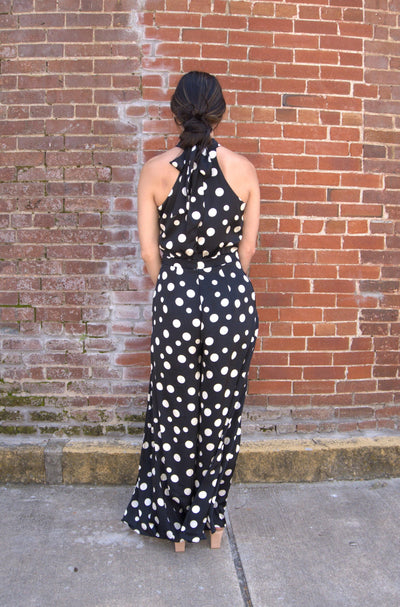 Halter Neck Wide Leg Jumpsuit-Black/Ivory,clothing,Fitted Bodice,Halter,Halter Neck,jumpsuit,Jumpsuits & Rompers,polka dot,Polka Dots,Sleeveless,Wide Leg,women's-[option4]-[option5]-[option6]-Bella Bliss Boutique in Texas