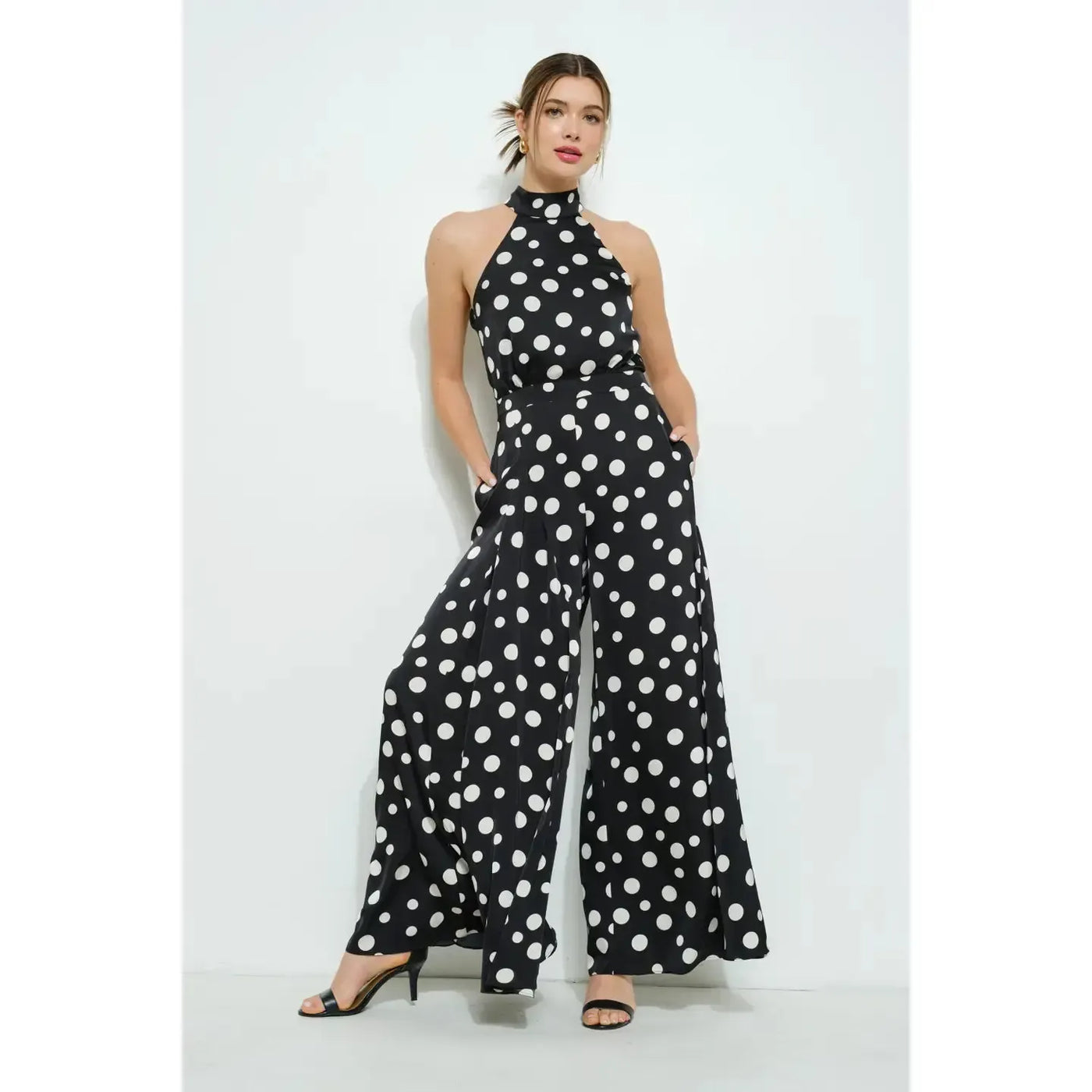 Halter Neck Wide Leg Jumpsuit-Black/Ivory,clothing,Fitted Bodice,Halter,Halter Neck,jumpsuit,Jumpsuits & Rompers,polka dot,Polka Dots,Sleeveless,Wide Leg,women's-[option4]-[option5]-[option6]-Bella Bliss Boutique in Texas