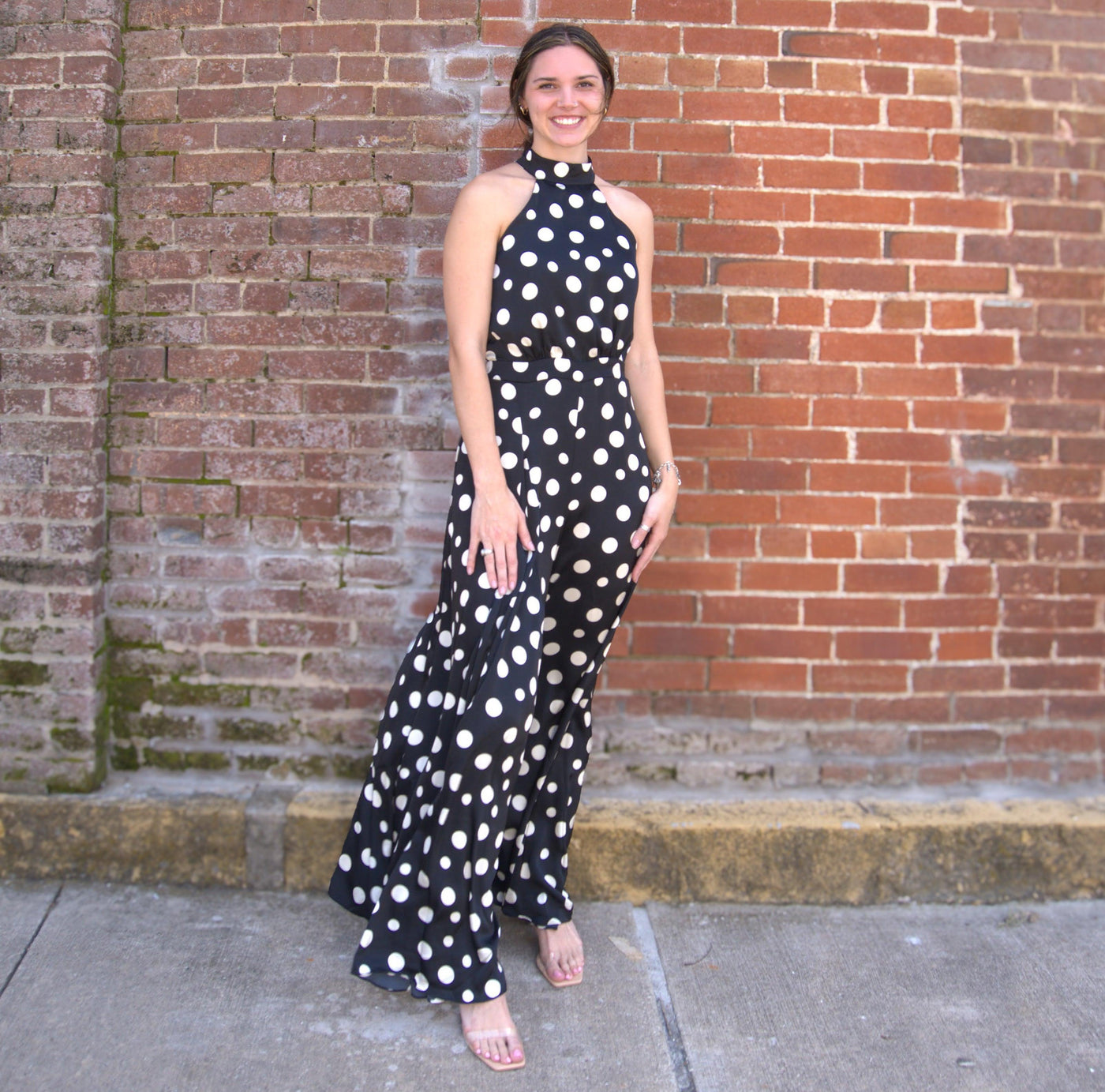 Halter Neck Wide Leg Jumpsuit-Black/Ivory,clothing,Fitted Bodice,Halter,Halter Neck,jumpsuit,Jumpsuits & Rompers,polka dot,Polka Dots,Sleeveless,Wide Leg,women's-[option4]-[option5]-[option6]-Bella Bliss Boutique in Texas