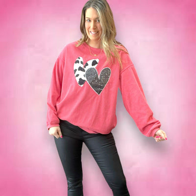 Heart Graphic Corded Sweatshirt-clothing, Corded, Cow Print, heart, Hearts, Sequin, Sequin Detail, Sweatshirt, Top, Tops, Women, women's-XS-[option4]-[option5]-[option6]-Bella Bliss Boutique in Texas