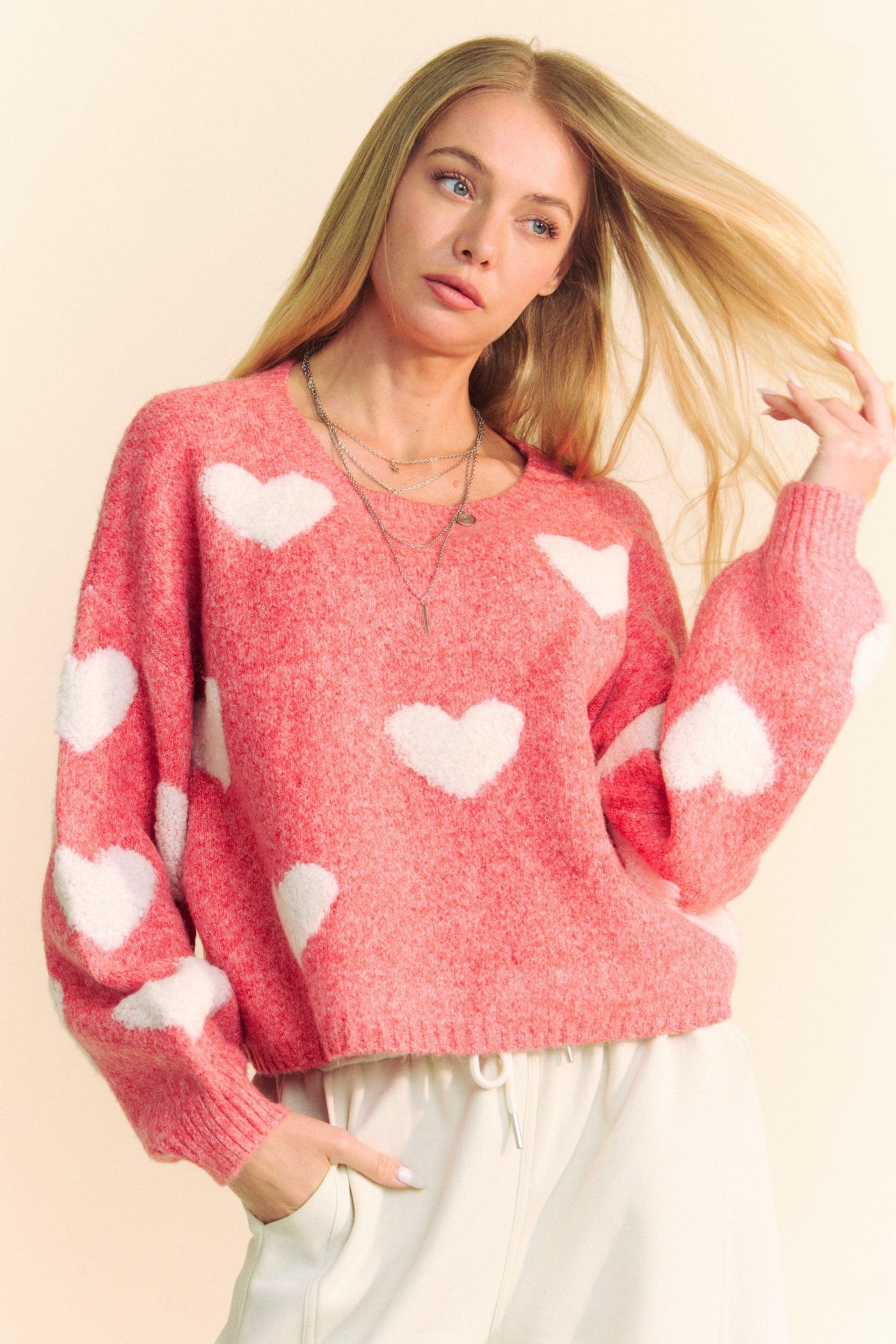Heart Print Loose Fit Sweater-clothing,Drop Shoulder,heart,Hearts,Loose Fit,Red,Sale,Sweater,Sweaters,Top,Tops,Women,women's-[option4]-[option5]-[option6]-Bella Bliss Boutique in Texas