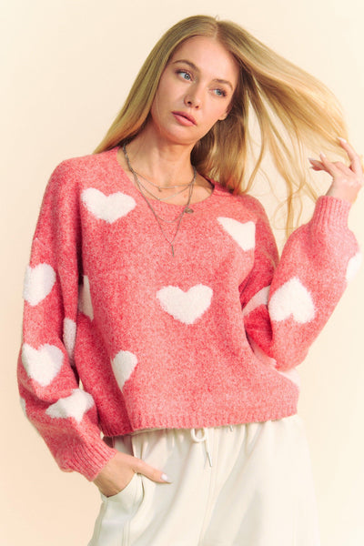 Heart Print Loose Fit Sweater-clothing,Drop Shoulder,heart,Hearts,Loose Fit,Red,Sale,Sweater,Sweaters,Top,Tops,Women,women's-[option4]-[option5]-[option6]-Bella Bliss Boutique in Texas