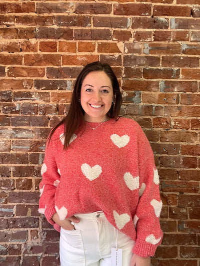 Heart Print Loose Fit Sweater-clothing,Drop Shoulder,heart,Hearts,Loose Fit,Red,Sale,Sweater,Sweaters,Top,Tops,Women,women's-[option4]-[option5]-[option6]-Bella Bliss Boutique in Texas