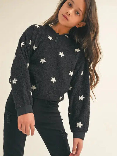 Henley Pullover Sweater-Black, Children & Tweens, clothing, Henley, Star, Stars, Sweater, Sweaters, Top, Tops, Tween 7-14, Tweens 7-14-S-[option4]-[option5]-[option6]-Bella Bliss Boutique in Texas