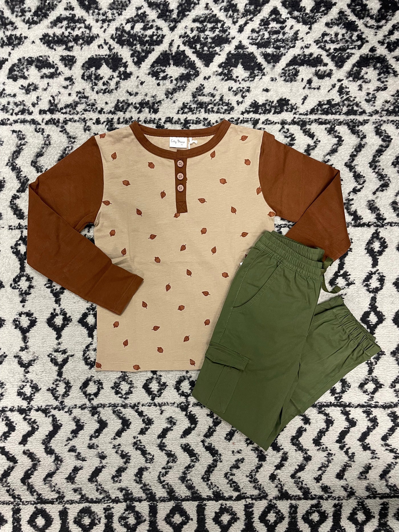 Henley Tee-Children & Tweens, children's, clothing, Henley, Infant to 6, Long Sleeve, Pecan Acorns, Porpoise Bear Paw, Top, Tops-Pecan Acorns-2-[option4]-[option5]-[option6]-Bella Bliss Boutique in Texas