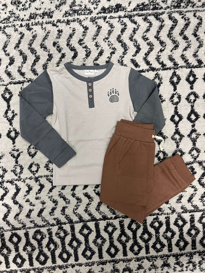 Henley Tee-Children & Tweens, children's, clothing, Henley, Infant to 6, Long Sleeve, Pecan Acorns, Porpoise Bear Paw, Top, Tops-Porpoise Bear Paw-2-[option4]-[option5]-[option6]-Bella Bliss Boutique in Texas