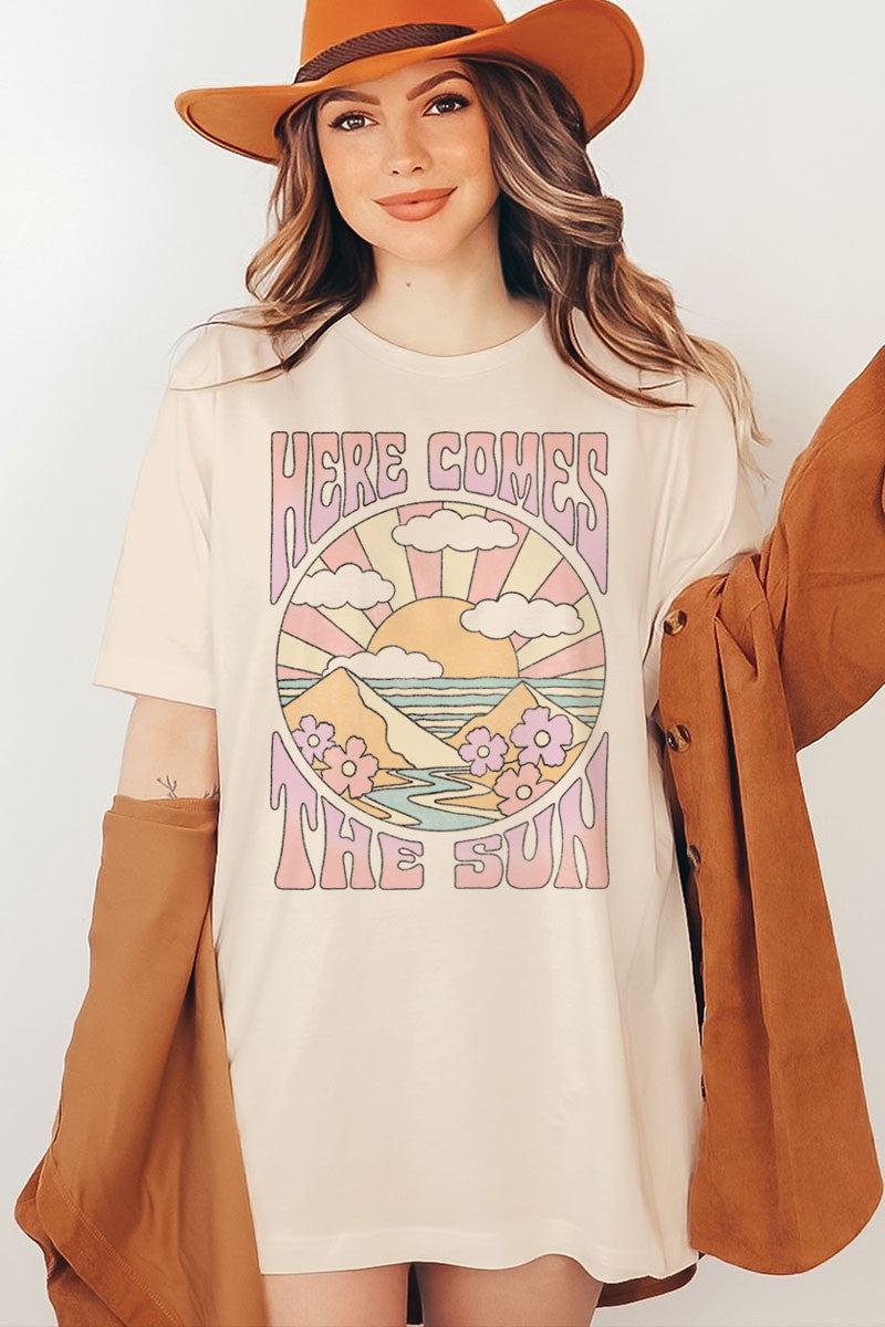 Here Comes The Sun Tee-clothing, Graphic Tee, Here Comes The Sun, Soft Cream, T-Shirt, Top, Tops, Women, women's-S-[option4]-[option5]-[option6]-Bella Bliss Boutique in Texas