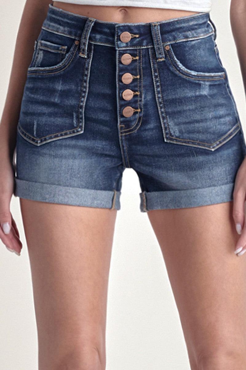 High Rise Button Fly Shorts-Bottoms, Button Fly, clothing, Cuffed, Dark Wash, denim, Denim Shorts, Hi-Rise, High Rise, Jean Shorts, shorts, Women, women's-S-[option4]-[option5]-[option6]-Bella Bliss Boutique in Texas