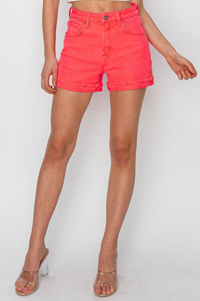 High Rise Coral Cuffed Shorts-Bottoms, clothing, coral, denim, Denim Shorts, Hi-Rise, Hi-Waist, High Rise, Jean Shorts, shorts, women, women's-S-[option4]-[option5]-[option6]-Bella Bliss Boutique in Texas