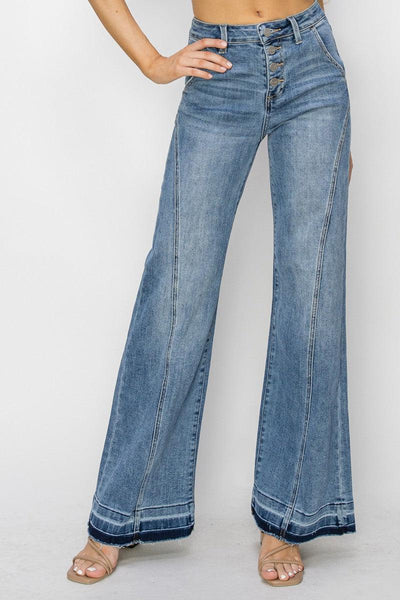 High Rise Front Seam Detail Wide Jeans-Bottoms, Button Down, Clothing, Denim, Frayed Hem, Front Seam, High Rise, jeans, Medium Wash, Released Hem, spring, Wide Leg, women, Women's, women's pants-0/24-[option4]-[option5]-[option6]-Bella Bliss Boutique in Texas