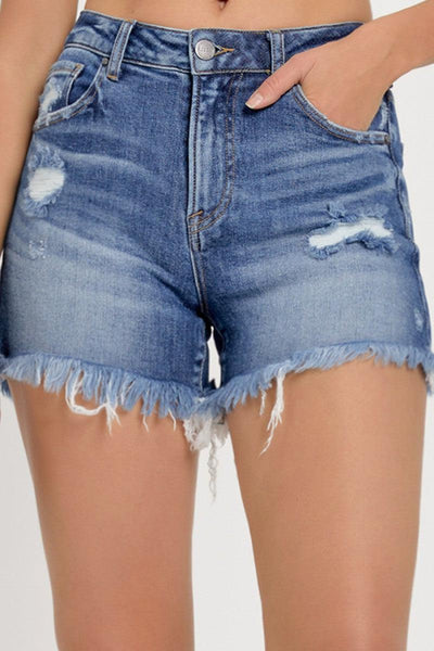 High Rise Shorts-Bottoms, clothing, Dark Wash, denim, Denim Shorts, Fray Hem, Fray Hem Detail, shorts, Women, women's-S-[option4]-[option5]-[option6]-Bella Bliss Boutique in Texas