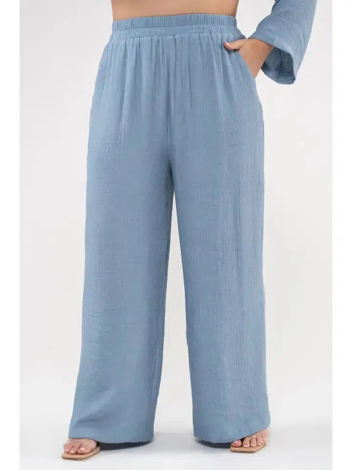 High Rise Wide Leg Pants-Bottoms,Chambray,clothing,Curvy,Hi-Rise,High Rise,Lightweight,Sale,Wide Leg-[option4]-[option5]-[option6]-Bella Bliss Boutique in Texas