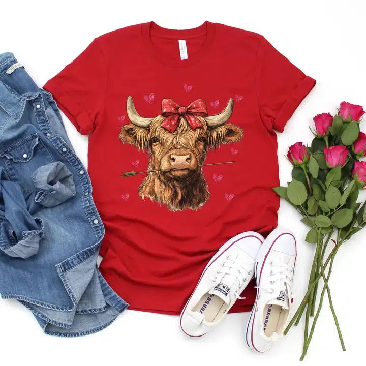 Highland Cow Graphic Tee-clothing, Curvy, Graphic Tee, Highland Cow, Red, Top, Tops, Valentine, Valentine's Day, Women, women's-S-[option4]-[option5]-[option6]-Bella Bliss Boutique in Texas