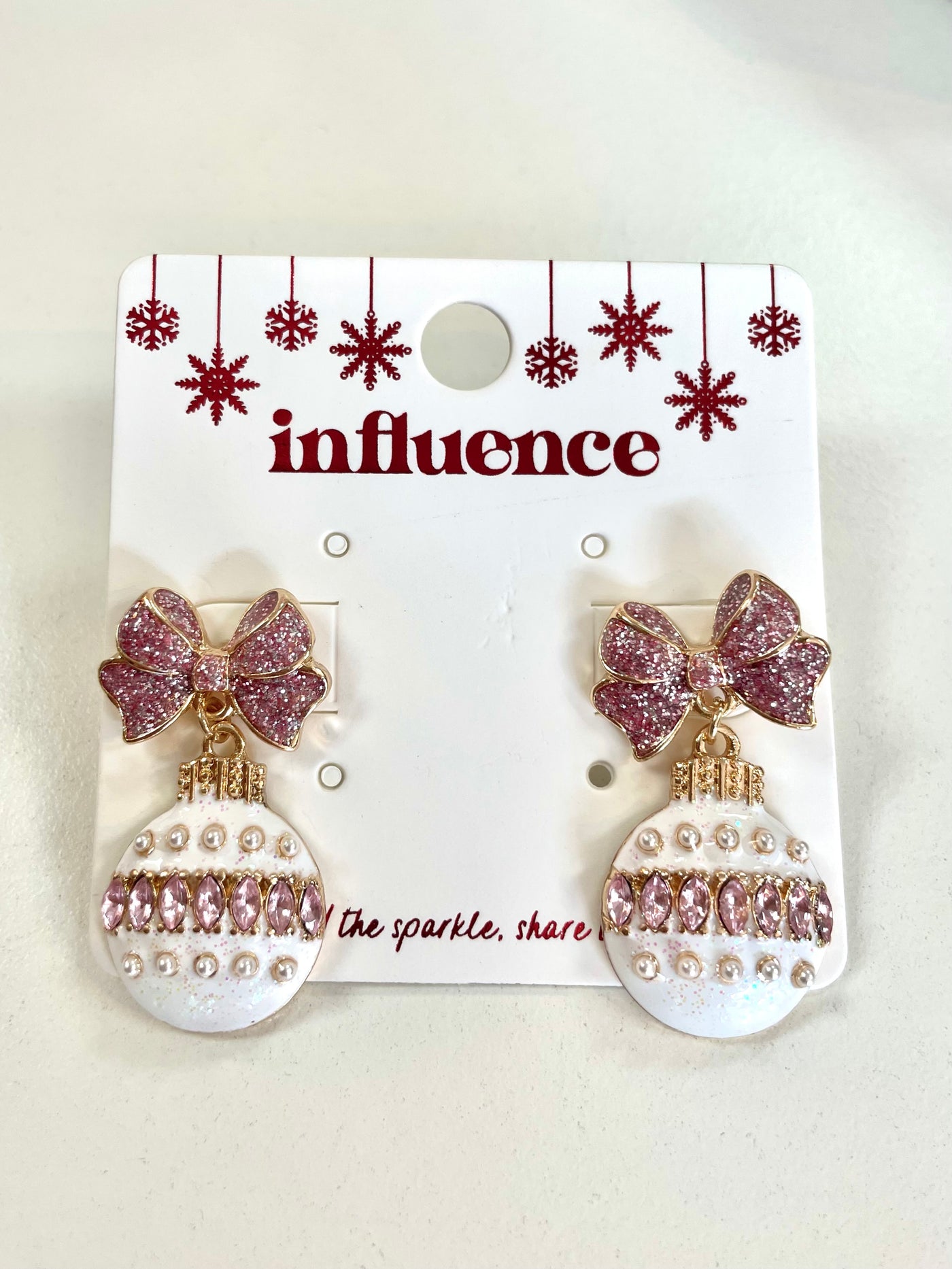 Holiday Bow and Ornament Earrings-Christmas Earrings,Christmas Ornament,Dangle Earrings,Earring,Earrings,festive,Glitter,influence,Jewelry,Pink,Post Earrings,statement,Women,women's-[option4]-[option5]-[option6]-Bella Bliss Boutique in Texas