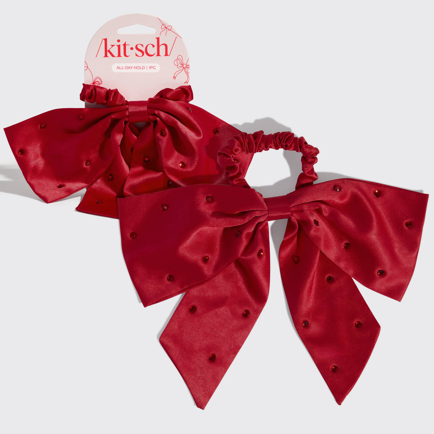 Holiday Satin & Rhinestone Bow Scrunchie-Bow,girls,Hair,Hair Accessories,Hair Bows,Hair Elastics,Hair Ties,holiday,Kitsch,Rhinestone,Rhinestone Bow,Stocking Stuffer,Women,women's-[option4]-[option5]-[option6]-Bella Bliss Boutique in Texas