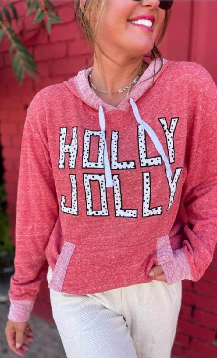 Holly Jolly Hoodie-Christmas,clothing,Holly Jolly,Hoodie,Red,Sale,Sweatshirt,Terry,Top,Tops,Women,women's-[option4]-[option5]-[option6]-Bella Bliss Boutique in Texas