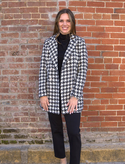Houndstooth double-breasted mid-length jacket-Black & White,Button Detail,Button Front,Half Length,Houndstooth,Jackets,Outerwear,Women,women's-S-[option4]-[option5]-[option6]-Bella Bliss Boutique in Texas