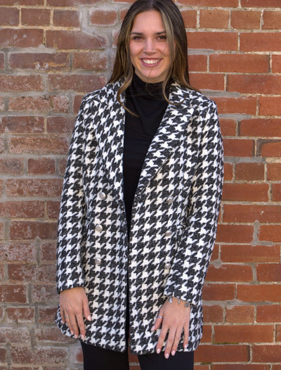 Houndstooth double-breasted mid-length jacket-Black & White,Button Detail,Button Front,Half Length,Houndstooth,Jackets,Outerwear,Women,women's-[option4]-[option5]-[option6]-Bella Bliss Boutique in Texas