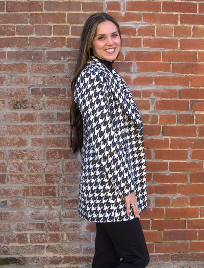 Houndstooth double-breasted mid-length jacket-Black & White,Button Detail,Button Front,Half Length,Houndstooth,Jackets,Outerwear,Women,women's-[option4]-[option5]-[option6]-Bella Bliss Boutique in Texas