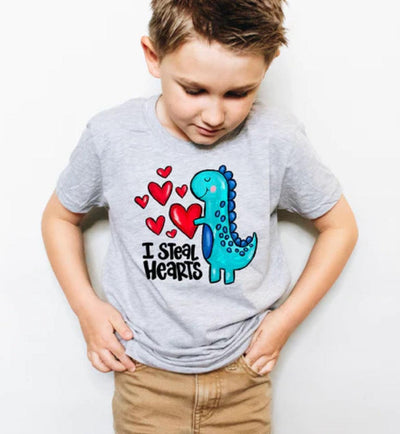 I Steal Hearts Tee-boys,Children & Tweens,children's,clothing,Hearts,Heather Grey,Infant to 6,Sale,T-Rex,T-Shirt,Top,Tops-[option4]-[option5]-[option6]-Bella Bliss Boutique in Texas