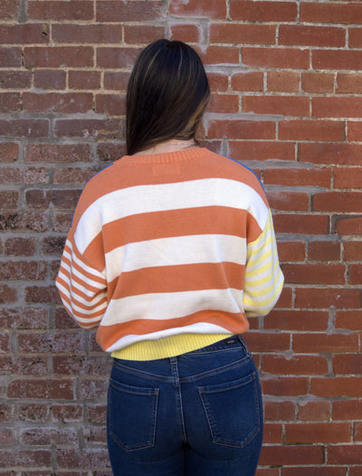 JOYFUL COLOR BLOCK STRIPE SWEATER-Blue,clothing,Knit Sweater,Long Sleeve,orange,Ribbed Cuff,Round Neck,Striped,Sweater,Sweaters,Tops,White,Women,women's-[option4]-[option5]-[option6]-Bella Bliss Boutique in Texas