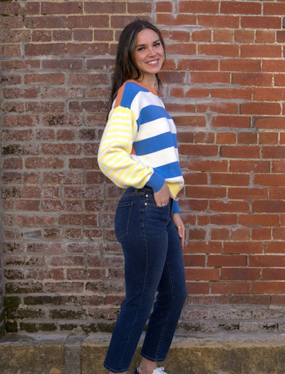 JOYFUL COLOR BLOCK STRIPE SWEATER-Blue,clothing,Knit Sweater,Long Sleeve,orange,Ribbed Cuff,Round Neck,Striped,Sweater,Sweaters,Tops,White,Women,women's-[option4]-[option5]-[option6]-Bella Bliss Boutique in Texas