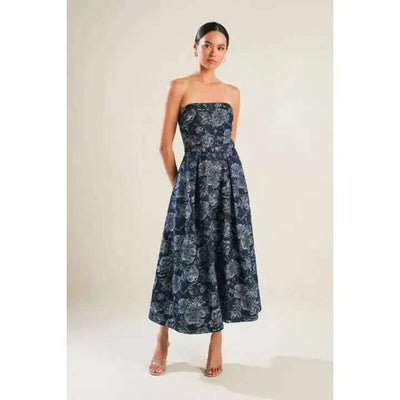 Jacquard Denim Midi Dress-clothing,denim,Denim Color,dress,dresses,Jacquard,Midi Dress,Strapless,Women,women's-S-[option4]-[option5]-[option6]-Bella Bliss Boutique in Texas