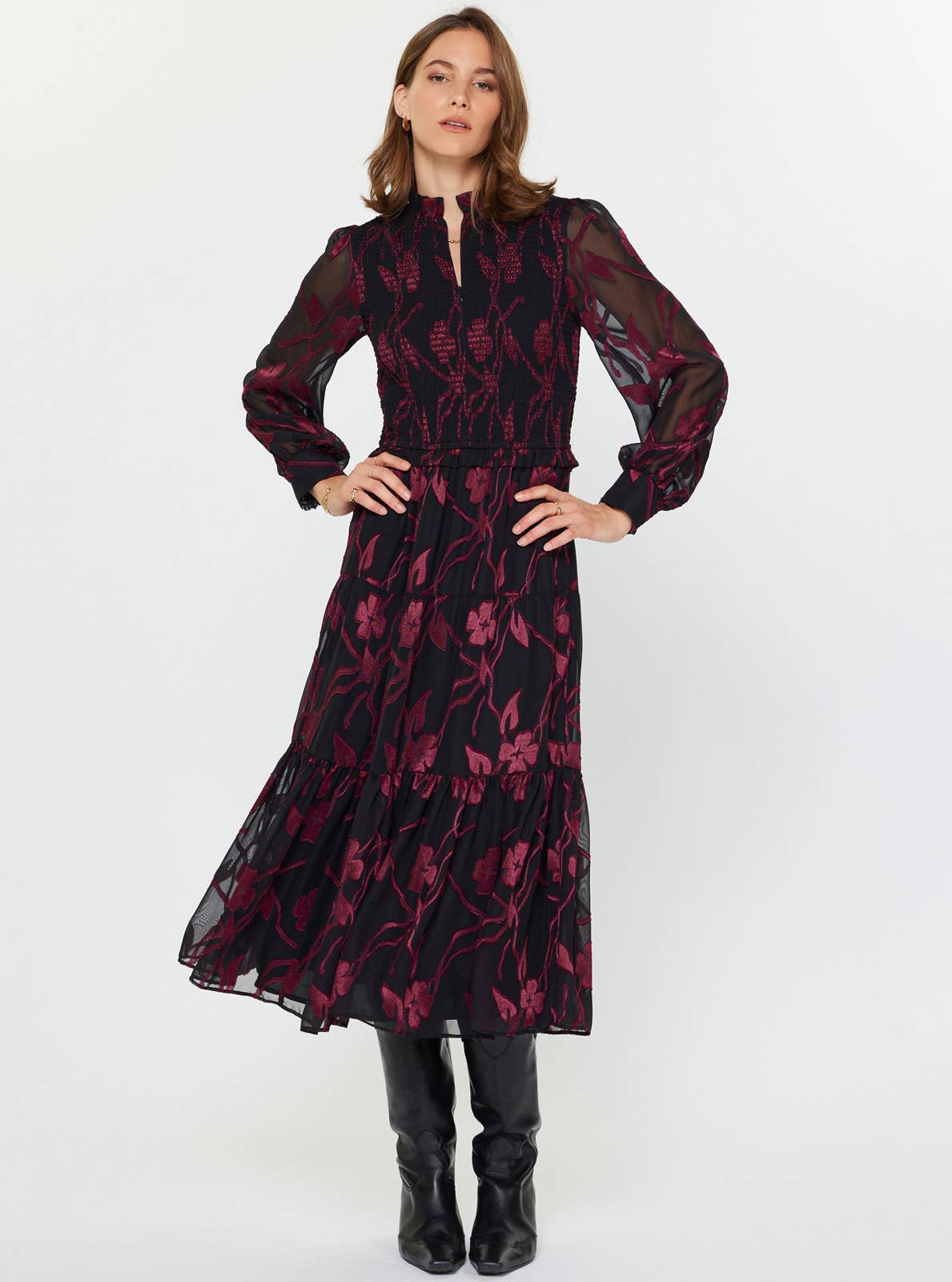Jacquard Reverie Midi-Balloon Sleeve,Christmas Dress,clothing,dress,dresses,Jacquard Dress,Long Sleeve,Midi Dress,Party Dress,Split Neck,Split Neckline,Split V-Neck,Women,women's-[option4]-[option5]-[option6]-Bella Bliss Boutique in Texas