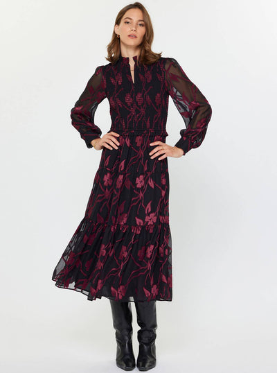 Jacquard Reverie Midi-Balloon Sleeve,Christmas Dress,clothing,dress,dresses,Jacquard Dress,Long Sleeve,Midi Dress,Party Dress,Split Neck,Split Neckline,Split V-Neck,Women,women's-[option4]-[option5]-[option6]-Bella Bliss Boutique in Texas