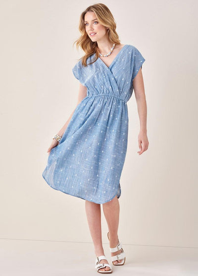 Jeanie Chambray Dress-Chambray, clothing, dress, dresses, Front Crossover, light blue, Sale, V-Neck, Women, women's-[option4]-[option5]-[option6]-Bella Bliss Boutique in Texas