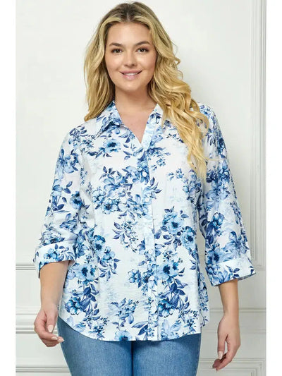 Johnny Collar Top-Blue, button down, Button Front, Button Up, buttondown, clothing, Cuff Sleeve, Curvy, Floral, Floral Print, Johnny Collar, navy, Top, Tops, White-[option4]-[option5]-[option6]-Bella Bliss Boutique in Texas