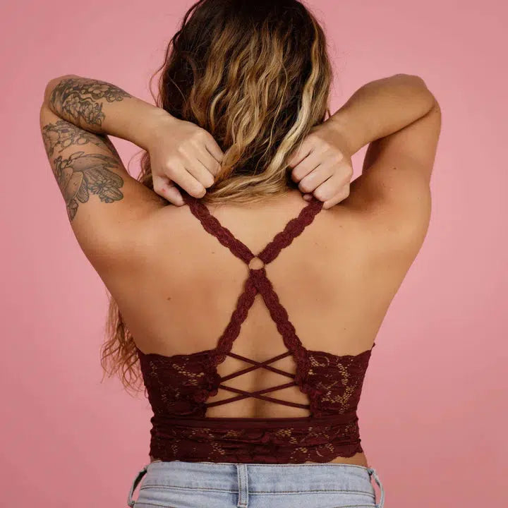 Juliette Crisscross Lace Bralette-Bralette, Burgundy, clothing, Intimates, Lace, Lingerie, Loungewear & Intimates, Racer Back, Racerback, Women, women's-[option4]-[option5]-[option6]-Bella Bliss Boutique in Texas