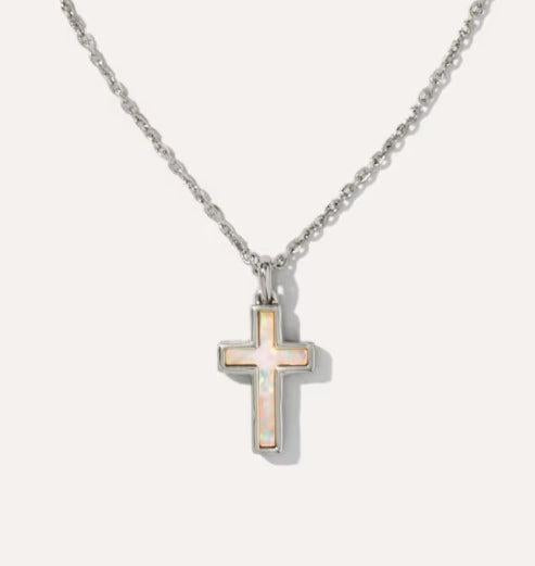 Kendra Scott Cross Pendant Necklace with Lab Grown Opal-Cross,Cross Charm,cross necklace,Jewelry,necklace,necklaces,Opal,Pendant Necklace,Silver,Women,women's-[option4]-[option5]-[option6]-Bella Bliss Boutique in Texas