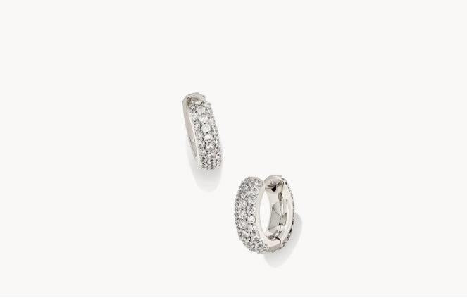 Kendra Scott Mikki Pave Huggie Earrings-Earring,Earrings,Hoop Earrings,Jewelry,Kendra Scott,Leverback Earrings,Pave,Post Hoop Earrings,Silver,Women,women's-[option4]-[option5]-[option6]-Bella Bliss Boutique in Texas
