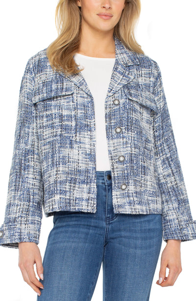 Structured shacket jacket with relaxed silhouette and polished details for layering
