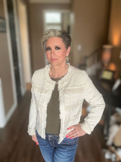 Lace Detail Collarless Jacket-Bone,clothing,Coats & Jackets,Collarless,Fray Detail,Fray Hem Detail,Frayed Edge,Frayed Hem,jacket,Jackets,Lace Detail,Outerwear,Sale,Women,women's-[option4]-[option5]-[option6]-Bella Bliss Boutique in Texas