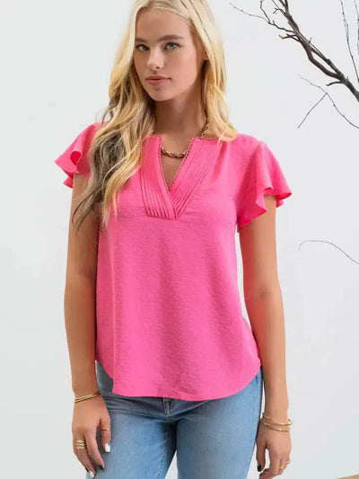 Lace Edge Woven Top-clothing, Ivory, Lace Edge, Pink, Ruffle Sleeve, Short Sleeve, Split Neckline, Top, Tops, women, women's-S-Pink-[option4]-[option5]-[option6]-Bella Bliss Boutique in Texas